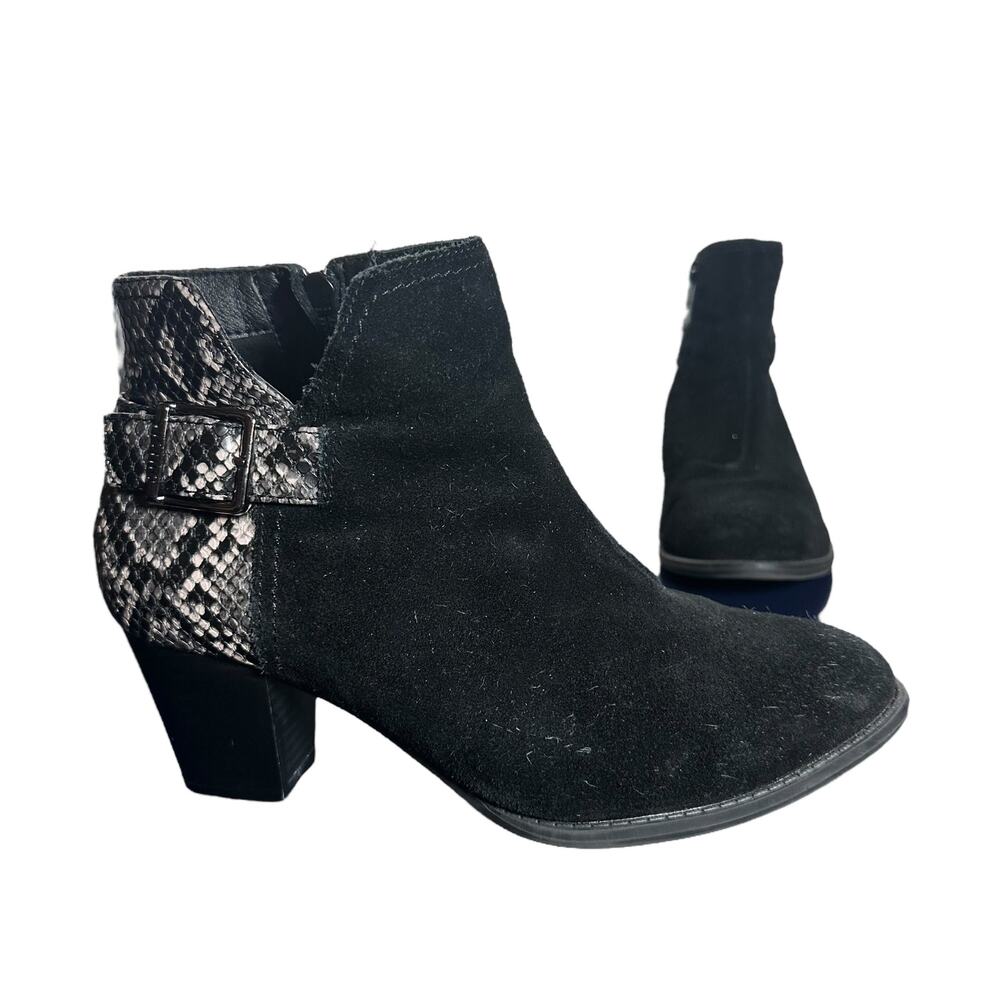 Vionic Naomi Snake Black Suede Ankle Boots Block Heel Size 7.5 Comfort